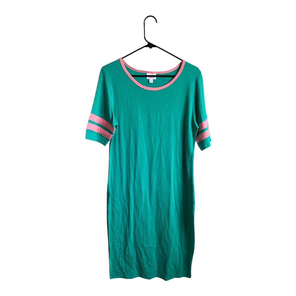 Lularoe Green with Pink Trim Sleeve Accents Julia Pencil Dress Sz L NWT